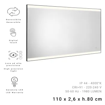 Jeff specchio 110X80 cm con luci a led, bordo sabbiato e cornice in pvc nero matt codice prod: 000033041400000 product photo Foto1 L2