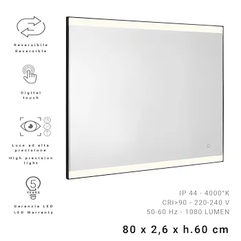 Jeff specchio 80x60 con luci a led bordo sabbiato e cornice in pvc nero opaco codice prod: 000033021400000 product photo Foto1 L2