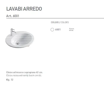 Eloise lavabo a incasso 62x62 bianco lucido monoforo codice prod: 6001 product photo Foto1 L2