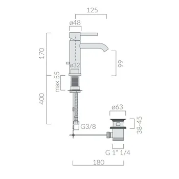 Miscelatore monocomando per lavabo con scarico 1”1/4 con flex inox cm 50 att. 3/8” F serie Meg11 codice prod: 5445 product photo Foto1 L2