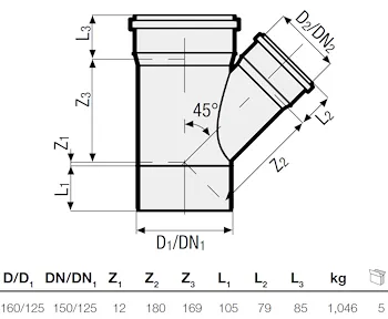 P.p. deriv. rid. 45° diam. 160/125 codice prod: DSV00950 product photo Foto1 L2