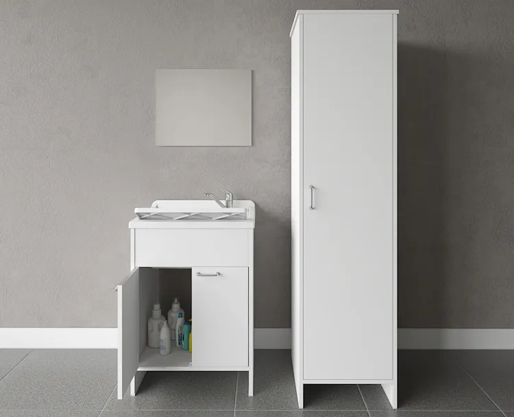 Composizione mobile bagno con lavatoio in resina doppio, colonna singola, specchio codice prod: 9002K FC9006K MIRROR1 product photo
