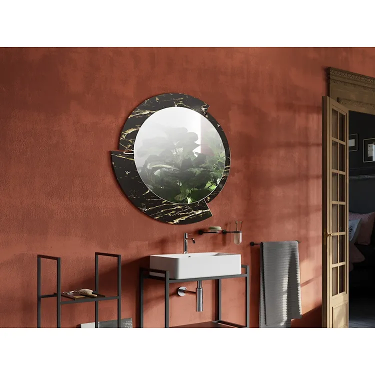Stone specchio Ø95 con cornice in lastra ceramica Laminam noire desir codice prod: 45626 product photo